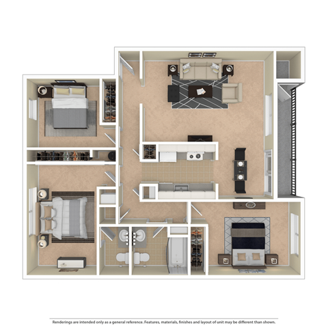 Floor plan for 3 beds, 2 baths, 1165 sqft